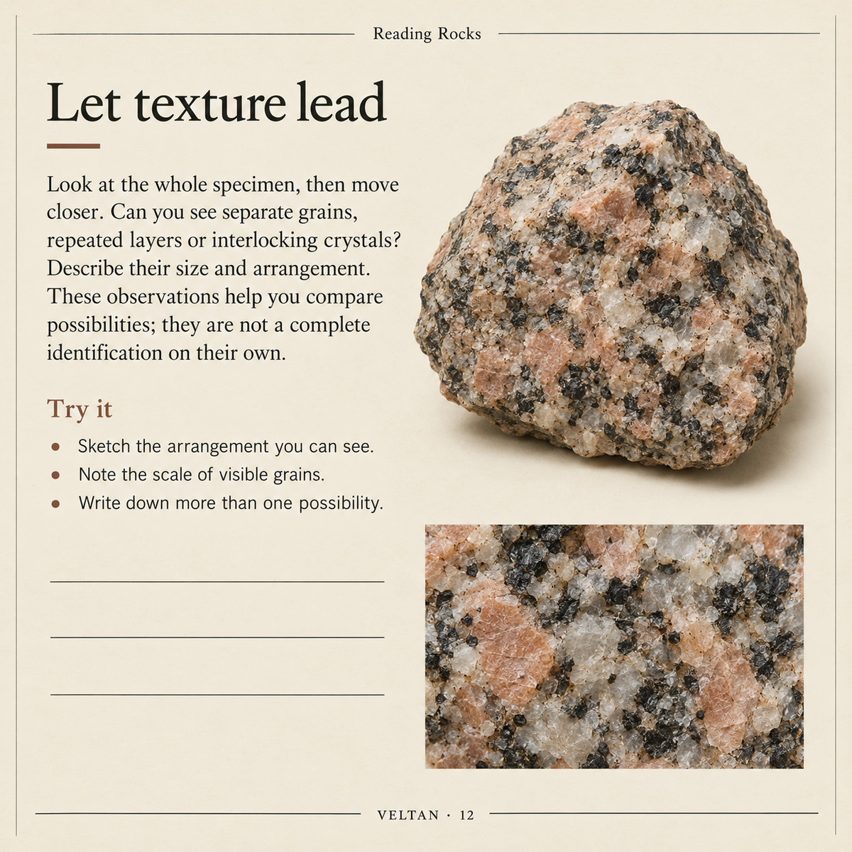 Sample interior page from Reading Rocks, titled Let texture lead.