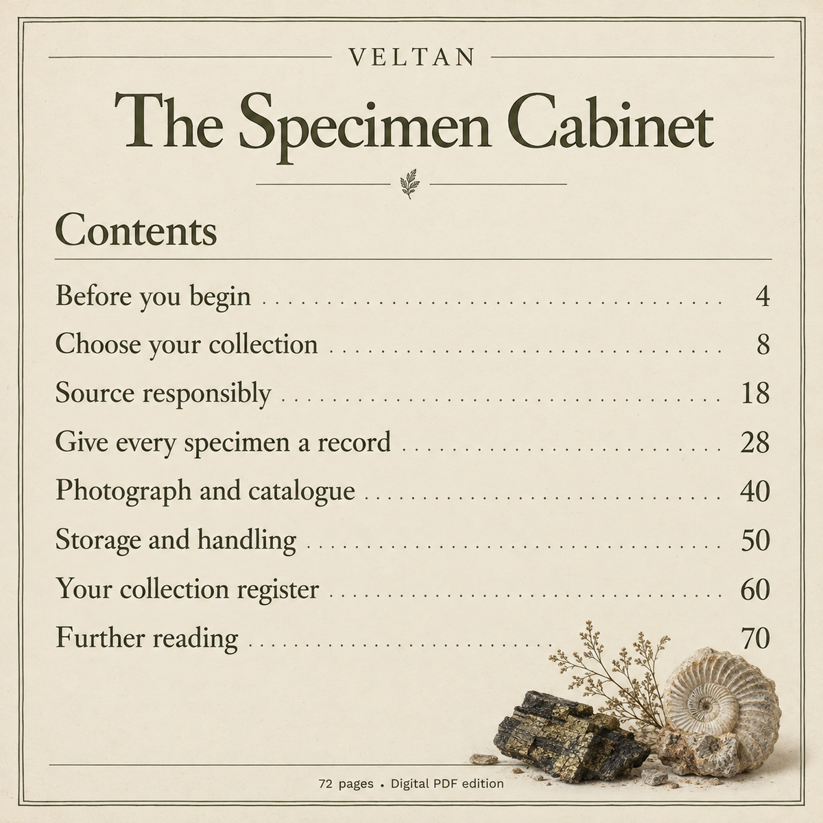 Contents page of The Specimen Cabinet, listing every chapter and its starting page.