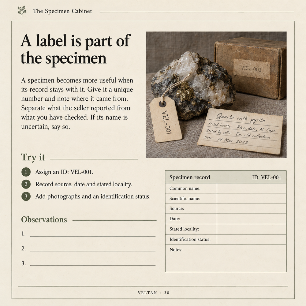 Sample interior page from The Specimen Cabinet, titled A label is part of the specimen.